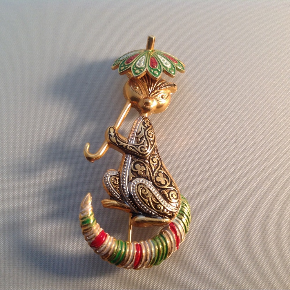 "Crazy" Cat with a Parasol Pin, Gold Tone